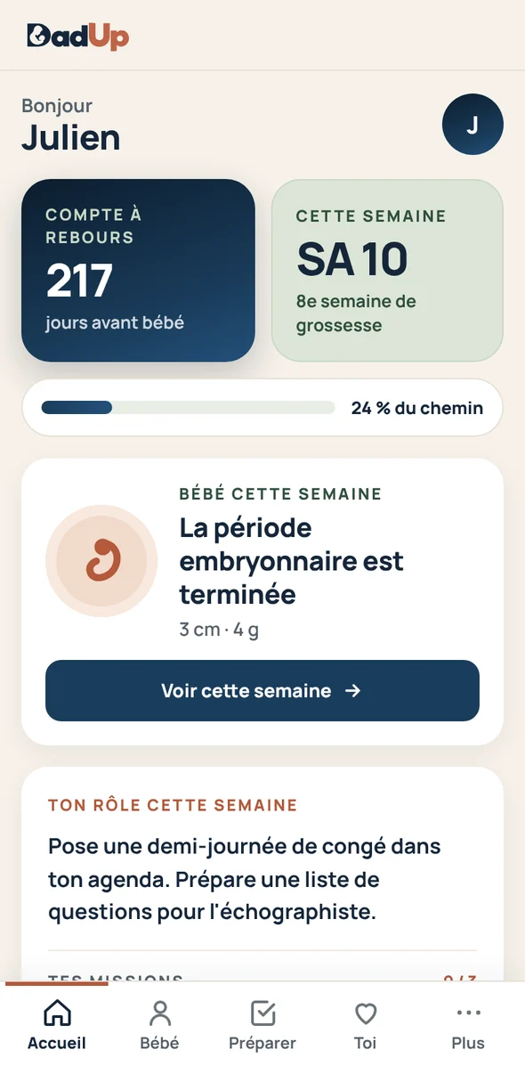 Écran d'accueil de DadUp : compte à rebours, semaine de grossesse et bébé cette semaine